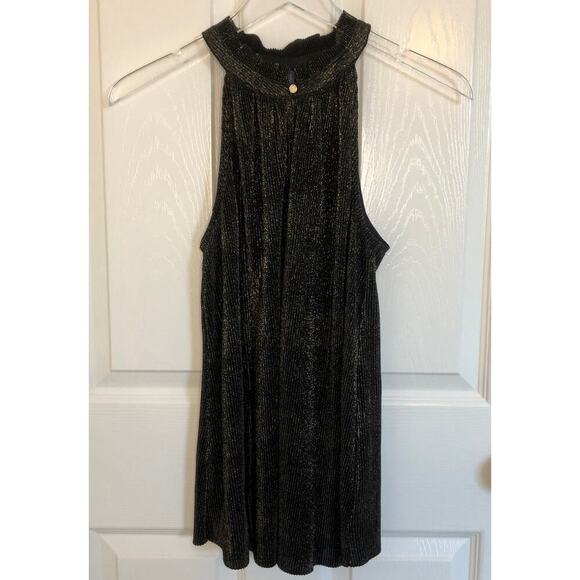 RACHEL ROY Pleated High Neck Sleeveless Black/Gold Dressy Sparkle Tank Large - Picture 4 of 9